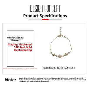 Detail of 14K gold-plated copper bracelet with star and moon charms set with crystals