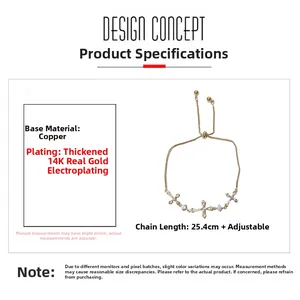 Adjustable 14K gold plated bracelet featuring sparkling diamond-encrusted cross charms