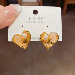 Boucles d'oreilles cœur vintage français avec perle et feuilles d'or sur argent S925