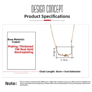Detailed size specifications for knot-shaped 14K rose gold plated rhinestone necklace