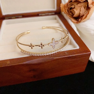 Luxury Double Layer Clover Open Bracelet For Women Gold Plated Copper Zirconia Inlaid Adjustable Bangle Fashion Jewelry