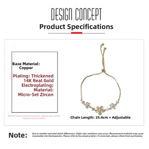 Detail of 14K gold plated flower bracelet with cubic zirconia and adjustable chain