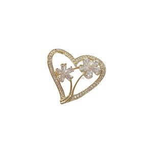 Elegant gold heart flower brooch with micro-paved cubic zirconia and pearls detail