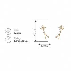 Detail view of 14K gold plated star earrings with dimensions 2.77cm height and 0.99cm width