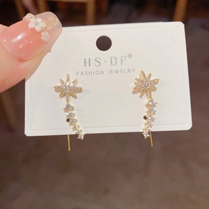 Detail of star-shaped zircon stud earrings with sparkling tassel on jewelry card