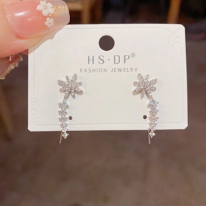 Detail of star-shaped sparkling zircon earrings on a classic white display card
