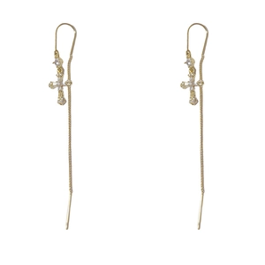 Élégantes boucles d'oreilles croix en or avec zircons et longues chaînes à pompons