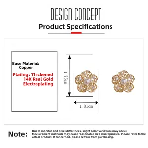 Detailed macro view of 14K gold plated copper flower earrings with white pearl and crystals