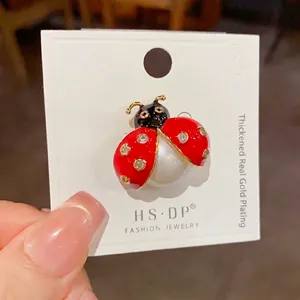 Ladybug Brooch 14K Gold Plated Copper Enamel Pin With Imitation Artificial Pearl Rhinestone Insect Jewelry For Women Fashion Gift