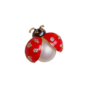 Fashionable ladybug brooch with red enamel, sparkling crystals, and white pearl bead