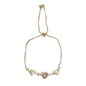Adjustable gold-plated heart bracelet with zircon and cat-eye stones on a slim chain
