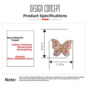 Detailed view of micro-pave cubic zirconia butterfly brooch with 14K gold plating