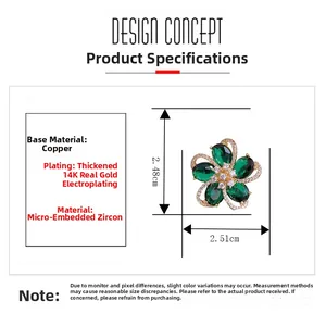 Detailed dimensions of 14K gold plated flower brooch with green gems and zircons