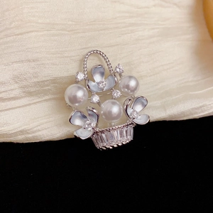 Exquisite silver flower basket brooch with pearls, blue enamel flowers and zircons