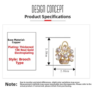 Detail view of flower basket brooch with dimensions 3.59x2.85cm and 14K gold plating