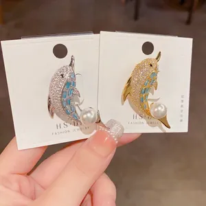 Elegant Dolphin Brooch 14K Gold Plated Copper With Zircon Blue Crystal And Artificial Pearl Luxury Animal Pins For Women Suits Coats