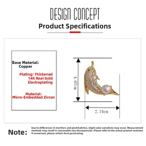 Detail view of dolphin brooch with measurements 4.67cm by 2.74cm, featuring zircon and pearl