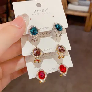 Boucles d'Oreilles Clous Losange Cristal Vintage Cuivre Plaqué Or 14K Avec Tige en Argent Sterling 925 Femme