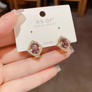 Boucles d'oreilles vintage en argent S925 doré avec cristal violet ovale et strass