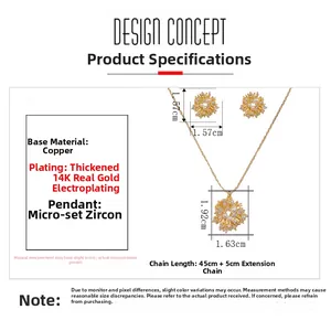 Detail of 14K gold plated earrings and necklace set with zircon firework design specs
