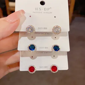 Lot de boucles d'oreilles en argent S925 avec zircons blancs, bleus et rouges halo