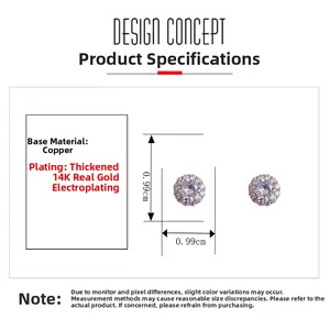 Détail de la boucle d'oreille en cuivre plaqué or 14K avec zircons et mesure de 0,99cm