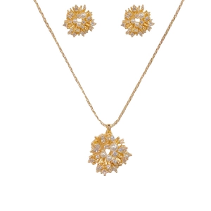 Exquisite pearl and diamond fireworks jewelry set featuring a gold necklace and earrings