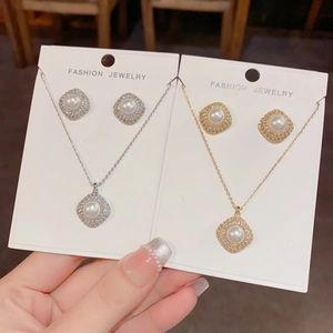 Elegant Rhombus Necklace And Earrings With Imitation Artificial Pearl Micro Inlaid Zirconia 925 Sterling Silver Earring Post For Women