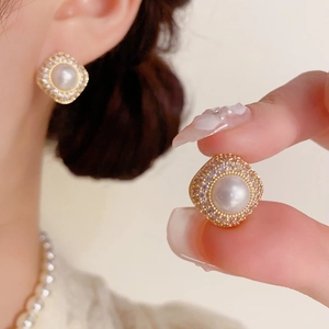 Elegant gold micro-set zircon and pearl square stud earrings for women in a luxury style