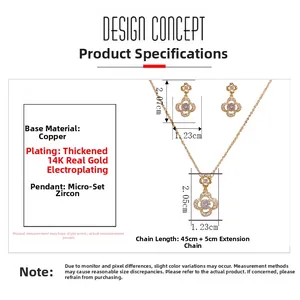 Detailed view of four-leaf clover jewelry set with necklace and earrings dimensions