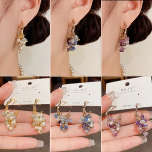 French Vintage Grape Cluster Dangle Earrings With 925 Sterling Silver Earring Post 14K Gold Plated Elegant Party Jewelry