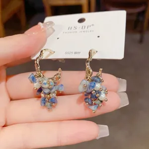 S925 silver needle grape cluster earrings with blue stones and small pearls