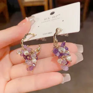 Close-up of grape cluster earrings with purple crystals, pearls and S925 silver needles