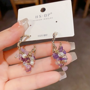 Detail of grape cluster earrings with purple beads and S925 silver needles