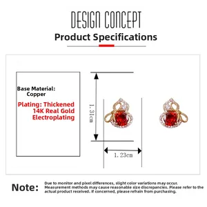 Détail de boucles d'oreilles gourde en zircon rouge, cuivre plaqué or 14K