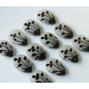 Flat oval glass beads with ink floral patterns for DIY jewelry making accessories