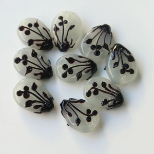 Artistic ink flower pattern glass beads in oval shape for DIY jewelry making