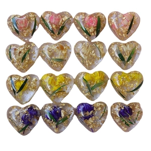 Handmade heart resin pendants with dried flowers and gold leaf in 16 assorted colors