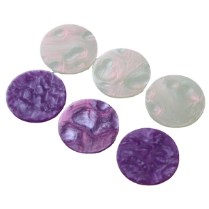 Five colorful acrylic round flat beads with marble texture and iridescent finish
