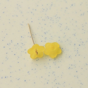 Macro view of frosted yellow resin flower beads with metal pins for jewelry making