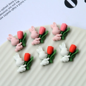 Detail of 3D resin rabbit and tulip charms for DIY hair accessories and phone cases