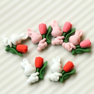 Cute pink resin bunny with tulip charms for DIY phone cases and hair accessories