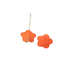 Frosted orange resin flower earrings with gold hooks shown on a white background