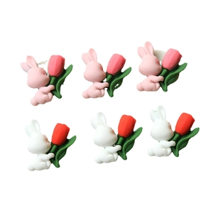 Pink and white 3D resin rabbit figures with tulips for DIY crafts and accessories