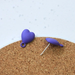 Macro detail of purple matte heart earrings featuring S925 silver needles and hanging loop