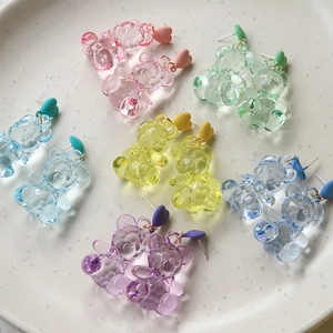 Cute candy-colored resin bear earrings with matte heart studs in six vibrant colors