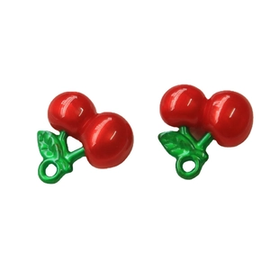Polished red and green cherry charms with metal rings for DIY jewelry and crafts