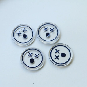 Macro view of transparent resin round charms with cute cartoon smiley faces for DIY crafts