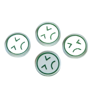 Set of four cute round resin smiley face charms with green angry expression for DIY crafts