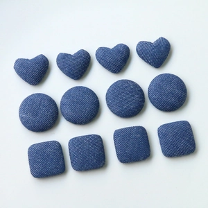 DIY denim blue polka dot fabric charms set with heart, round, and rectangle shapes